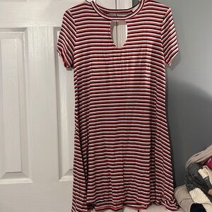 Coral white and navy blue striped short sleeve dress